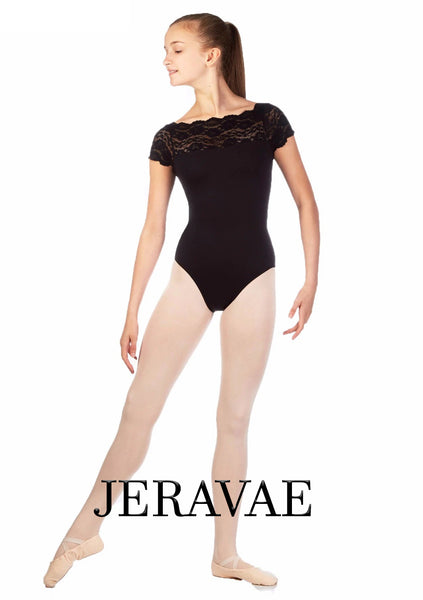 Fiona Girl's Black Leotard with Lace Shoulders and Sleeves Available in XS-2XL