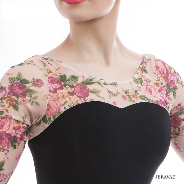 Victoria Adult Ballet Leotard with Black Cotton and Pink Floral Mesh 3/4 Length Sleeves