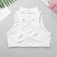 Alina Girls and Teen High Neck Fitness Dance Top with Crossed Back Design. Available in 3 Colors.