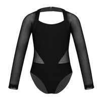 Christine Long Sleeve Ballet Leotard with Mesh Sleeves and Cutouts. Available in Black