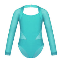 Christine Long Sleeve Ballet Leotard with Mesh Sleeves and Cutouts. Available in Black