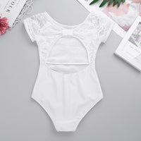 Lilly Girl's Lycra Leotard with Lace Short Sleeves and Adorable Gathered "Bow" on Back Available in 4 Colors