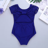 Lilly Girl's Lycra Leotard with Lace Short Sleeves and Adorable Gathered "Bow" on Back Available in 4 Colors