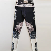 Betsy Navy Blue Floral Print Yoga Pants Leggings with Lined Waistband and Large Flower Print. Available in Women's sizes S-XL