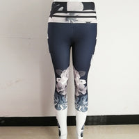 Betsy Navy Blue Floral Print Yoga Pants Leggings with Lined Waistband and Large Flower Print. Available in Women's sizes S-XL