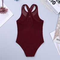 Alice Girl's Leotard with Mesh Inserts and Wide Cross Straps. Available in 4 Colors.