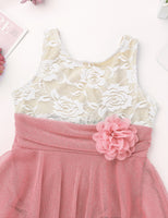 Bella Girls Sleeveless Floral Lace Ballet Leotard with Attached Skirt, Sash and Flower. Available in 4 Color Options.