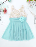 Bella Girls Sleeveless Floral Lace Ballet Leotard with Attached Skirt, Sash and Flower. Available in 4 Color Options.