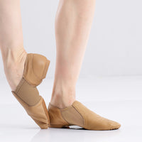 SOPHIA GENUINE LEATHER JAZZ DANCE SHOES WITH STRETCH FABRIC AND SPLIT SOLE. AVAILABLE IN TAN AND BLACK