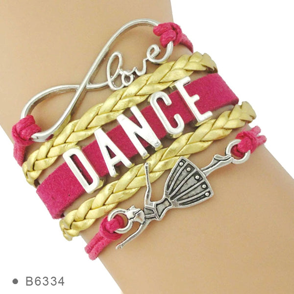 Mary Braided Love Dance Bracelet with Ballerina or Infinity Charms. Available in 5 Color Options and White or Yellow Gold