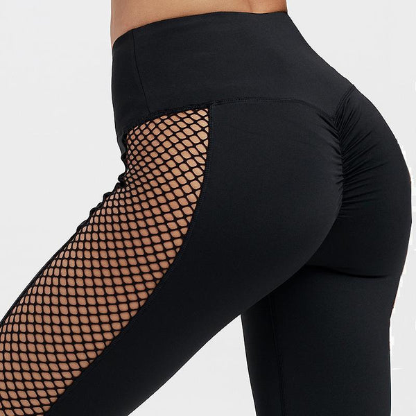 Angelina Black High Waisted Leggings with Fishnet Patchwork Side Inserts and Rouched Back
