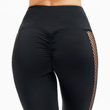Angelina Black High Waisted Leggings with Fishnet Patchwork Side Inserts and Rouched Back